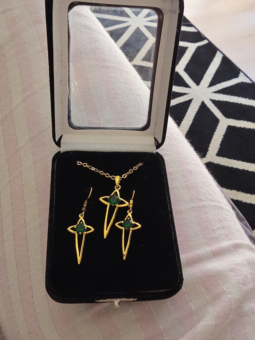 Gold-Tone Green Stone Cross Pendant Necklace & Earring Set